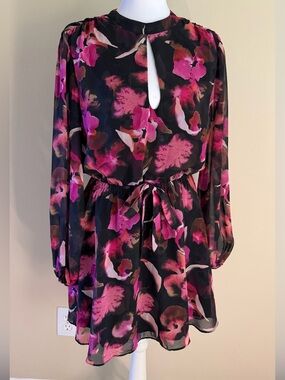 Bar III Black Long-Sleeve Mini Open-back Dress with Pink Floral Print